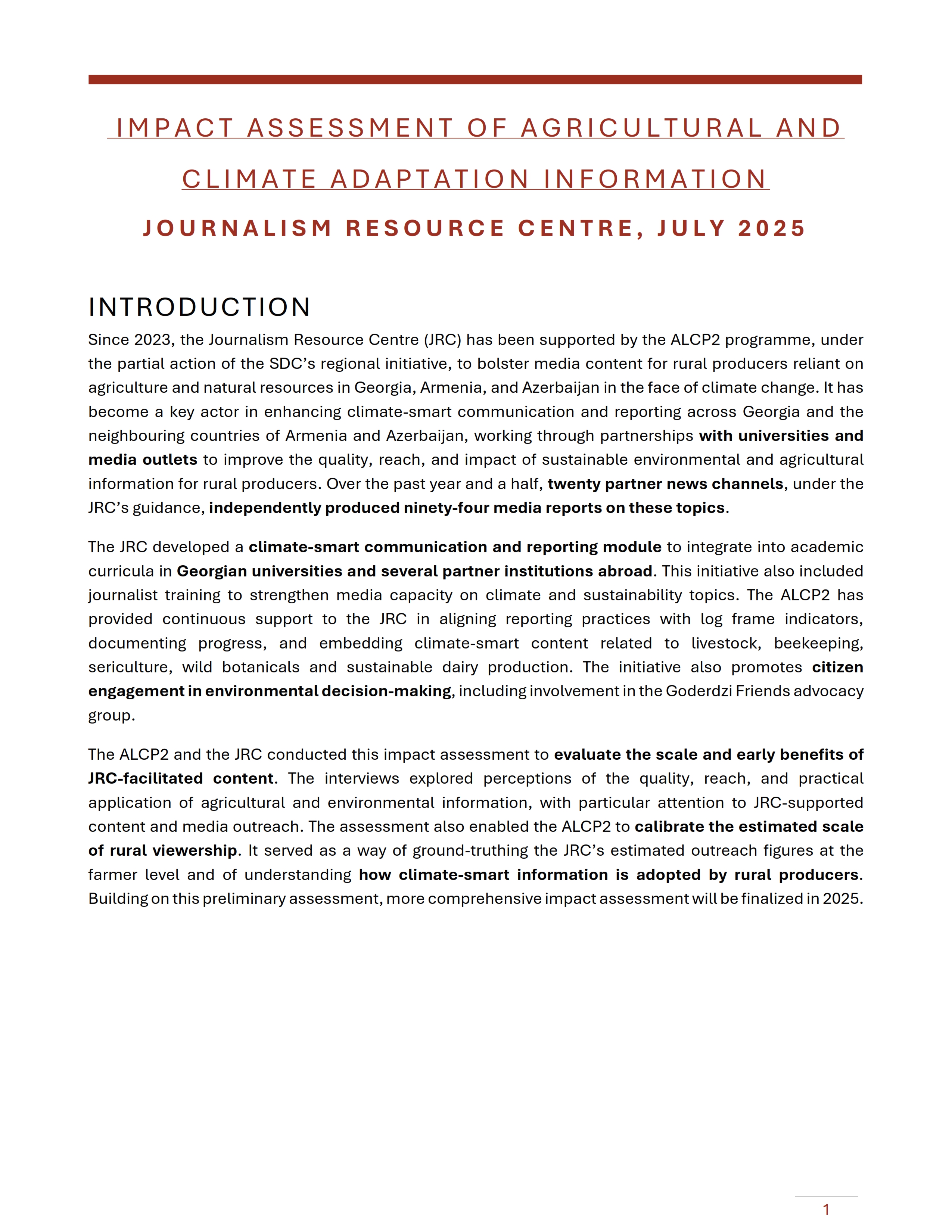 IMPACT ASSESSMENT OF AGRICULTURAL AND CLIMATE ADAPTATION